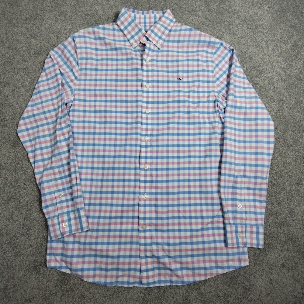 Vineyard Vines Boys XL 18 Whale Shirt Performance Gingham Plaid Blue Pink 3W0373